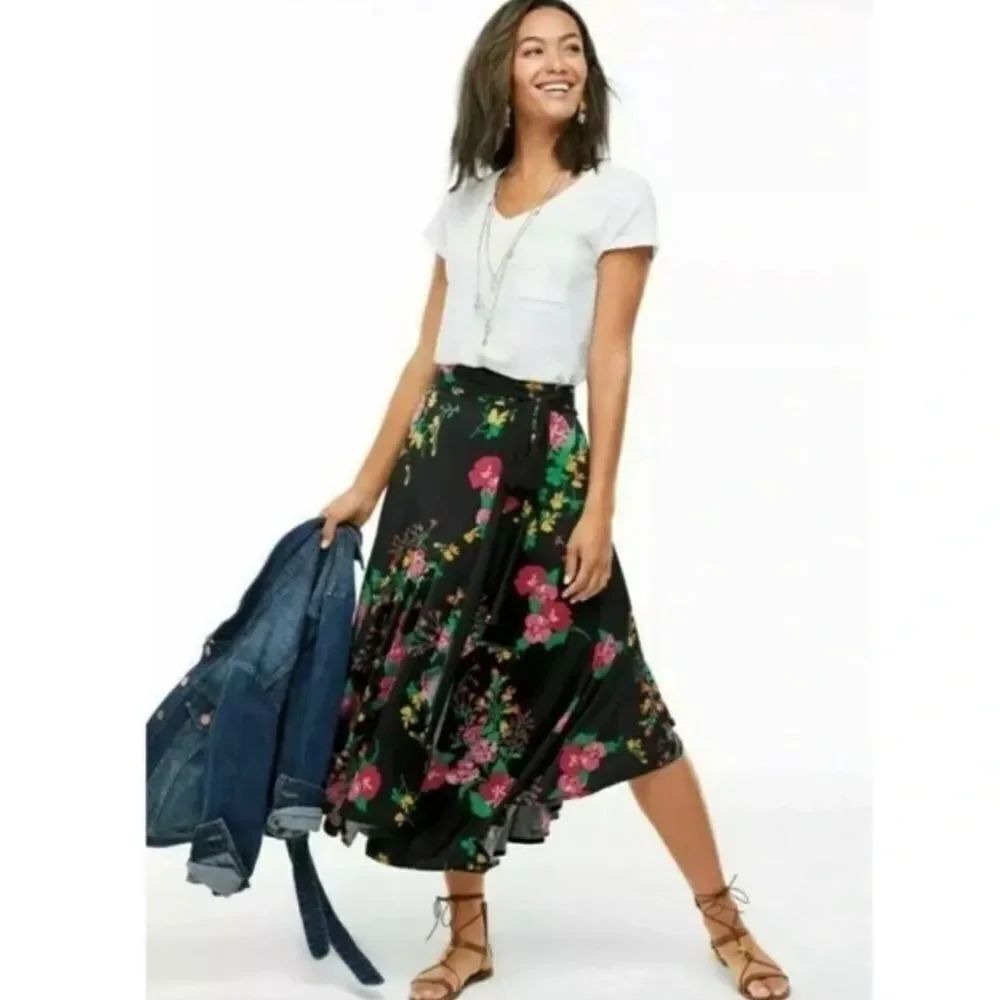 Cabi #5700 DRAMA Black Multicolor Floral Hi Lo Wrap Ruffle Midi Skirt
